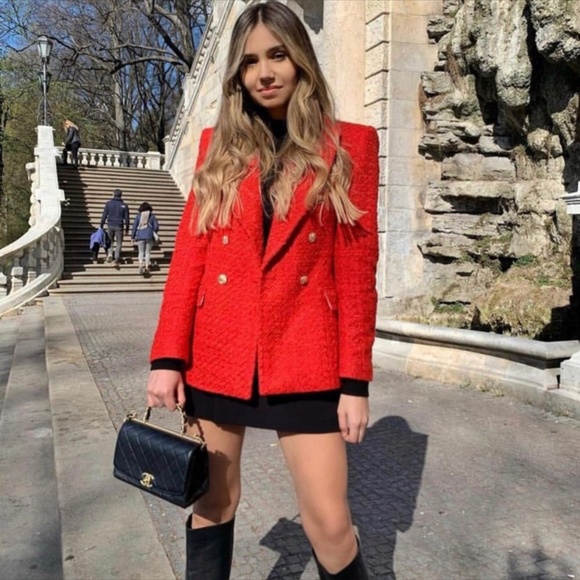 👸🏻 Zara Red Textured Double Breasted Blazer NWT - Picture 5 of 17